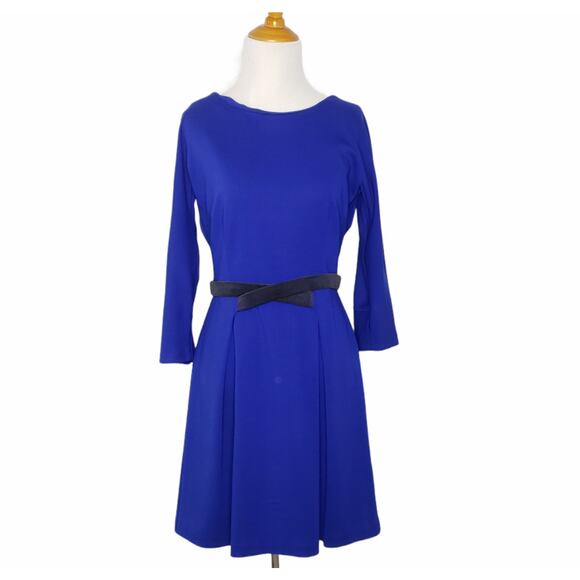 Anthropologie Girls From Savoy Blue Ponte Dress Velvet Bow Belt Women Small - Picture 1 of 10